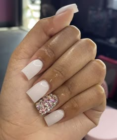 Acrylic Nails With Rhinestones Short, Short Nail Birthday Ideas, Nails For Medical Professionals, Short White Nails With Diamonds, Short Acrylic Nails Rhinestones, Short Acrylic Nails Birthday Set, Short Nails With Bling, Nails For A Dance, Cute Nails For Birthday Short