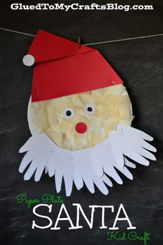 paper plate santa craft for kids on a blackboard with the title, glue to my crafts blog