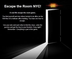 an open door with the words escape the room nyc written on it in black and white