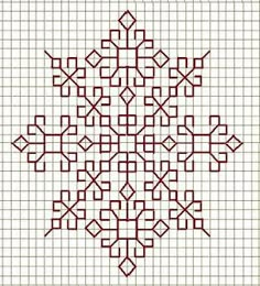 a cross stitched snowflake is shown in black and white, with red accents