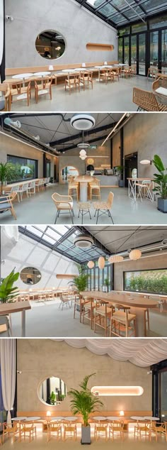 the inside and outside of a building with tables, chairs, and plants in it