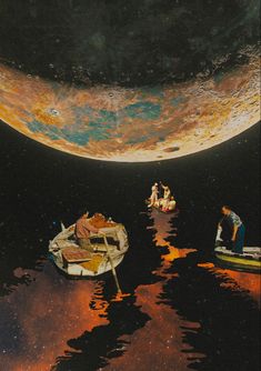 three people in small boats floating on the water near an earth like object that appears to be half moon