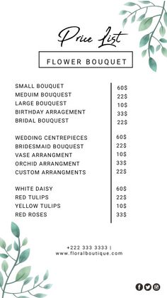 the flower bouquet menu is shown in black and white with green leaves on it's side