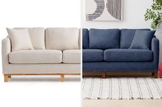 two different couches side by side, one in white and the other in blue