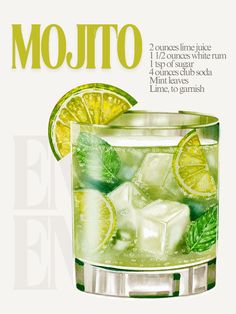 an advertisement for mojito with limes and ice cubes in it, on a white background