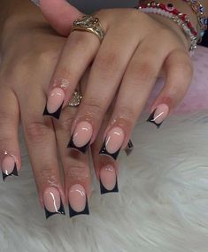 Valentines Nails French, Nail Inspo Hello Kitty, Black Frenchies, Duck Nails Short, French Tip Nails Pink, Azul Nails, Nails Sanrio, Nails Freestyle, Nails Charm