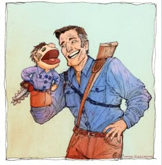 a drawing of a man with a puppet on his shoulder