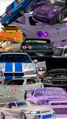 there are many different cars in this collage with each car's hood up