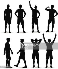 multiple silhouettes of people with their hands in the air and one holding his head