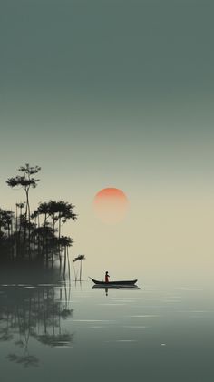 a person in a small boat on the water with trees and an orange sun behind them