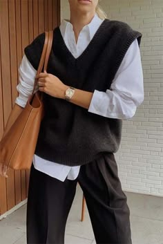 #fashion, #style, #outfitinspiration, #beauty Knot Vest Outfit, Black Gilet Outfit Women Winter, Tan Knit Vest Outfit, Black Sweater Vest Outfit Women, Sweater Vest Work Outfit, Black Knit Vest Outfit, Black Knitted Vest Outfit, Vest Outfit Inspiration, Black Sweater Vest Outfit