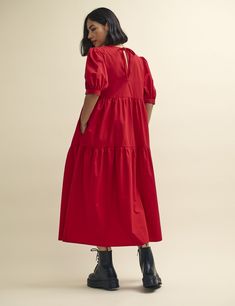 Red Rochelle Smock Midi Dress | Nobody's Child Chunky Slides, The Last Word, Red Midi Dress, Puffed Sleeves, Tie Back, Simple Dresses, Next Uk, Mid Length, Fabric Care