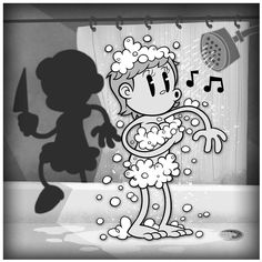 a black and white drawing of a cartoon character with music notes coming out of his head