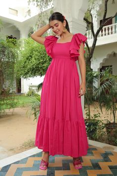 Berry Pink Flared Maxi Dress is a beautiful and stylish choice for women with Indian body type who want to make a statement. With customization options, free shipping, and easy returns, you can shop with confidence and look your best in this stunning dress. Pink Frocks For Women, Maxi Dress With Sleeves Summer, Cotton Maxi Dress Indian, Frocks Women, Maxi Dress Ideas, Designer Frocks, Pink Frock, Maxi Dress Indian, डिजाइनर कपड़े