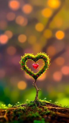 a heart shaped tree on top of a moss covered ground