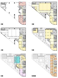 four diagrams showing different sections of the building, including floor plans and elevation details for each section