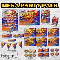 the mega party pack includes an assortment of items including banners, flyers and stickers