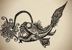 a drawing of a fish with an ornate design on it's body and tail