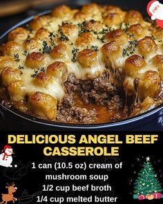 delicious angel beef casserole recipe with instructions on how to bake it in the oven