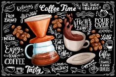 coffee and beans on a black background with the words coffee time written in different languages