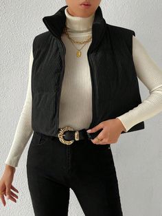 Zip Up Corduroy Vest Padded Coat Black Casual  Sleeveless Fabric Plain vest Non-Stretch  Women Clothing, size features are:Bust: ,Length: ,Sleeve Length: Gilet Outfit Women, Black Winter Vest, Black Vest Outfit, Gilet Outfit, Plain Vest, Puffy Vest, Winter Vest, Vest Coat, Black Vest