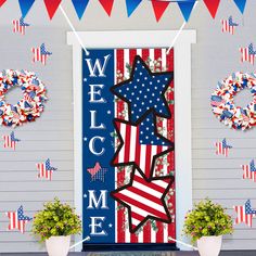 an american welcome home door decorated with stars and stripes