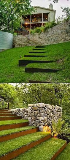 the steps are made out of stone and grass, along with a retaining wall that is built