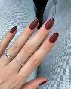 Matte Tip Nails Almond, Maroon Velvet Nails, Fall Matte Nails With Glossy Tips, Matte Red Nails With Shiny Tips, Red Wine Matte Nails, Dark Matte Red Nails, Matte Nail With Gloss Tip, Matte Tips On Nails, Matte Cranberry Nails