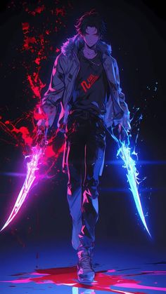 a man with two swords in his hand walking through the dark night, surrounded by red and blue lights