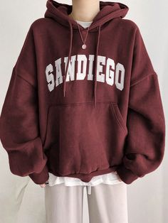 Letter Graphic Kangaroo Pocket Drop Shoulder Drawstring Hoodie Without Tee,Long Sleeve Tops Burgundy Casual  Long Sleeve Fabric Letter Pullovers Slight Stretch  Women Clothing, size features are:Bust: ,Length: ,Sleeve Length: Drawstring Hoodie, 로고 디자인, Oversized Sweatshirt, Oversize Hoodie, Long Sleeve Hoodie, Graphic Hoodies, Fashion Online Shop, Hoodie Print, Drop Shoulder