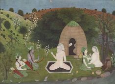 The Hermitage of Sage Bharadwaja. Rama, Sita and Lakshmana, all wearing garments of bark and grass, visit the hermitage of the sage Atri. Pahari Kangra school of Indian miniature paintings, c. 1785 A very good quality printed reproduction of an Indian miniature painting. In excellent clean condition with very good color. Rear has glue traces to top edge. This is NOT a smooth contemporary lasered print, it has a softness & muted color as befits the time, 1983. Image size: 8.75 by 12.75 inches Indian Miniature Paintings, Images Of Shiva, Jai Ram, Rama Sita, Ajanta Caves, Indian Miniature, African Ancestry, Miniature Paintings, Asian Painting