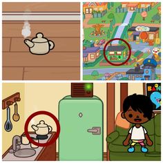 the cartoon shows an image of a child sitting in front of a refrigerator and looking at something