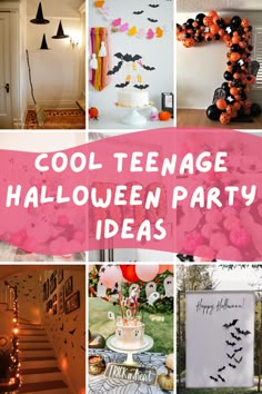 collage of halloween party decorations with text overlay that reads cool teenage halloween party ideas