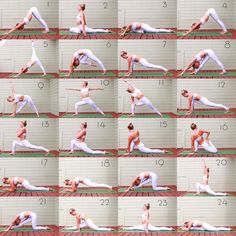 a woman doing yoga poses on a mat in front of a wall with numbers and times