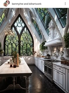 an image of a kitchen setting with large windows and wooden table in the center, surrounded by white cabinets