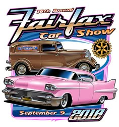 an advertisement for a car show with two classic cars on the front and one in the back