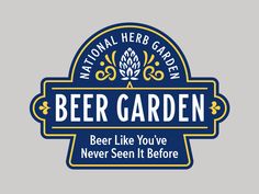 the national herb garden beer logo is blue and yellow, with an ornate border around it