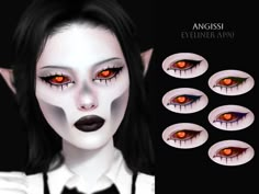 an animated image of a woman with red eyes and black hair, wearing white makeup