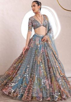 Blue Grey Embroidered Lehenga Set Mahima Mahajan - Fabilicious Fashion Lehenga Style Saree, Indian Bridesmaid Dresses, Sangeet Outfit, Organza Lehenga, Lehenga Style, Embroidered Lehenga, Indian Wedding Wear, Half Sleeve Blouse, Lehenga Designs