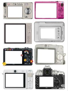 several different types of digital cameras with blank screens on the front and back, all in various colors