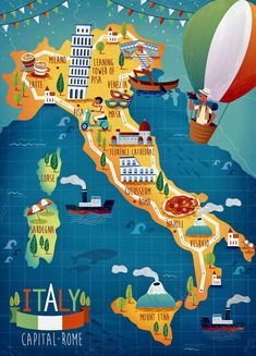 an illustrated map of italy with all the major cities and towns on it's sides