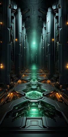 an image of a sci - fi corridor with green lights