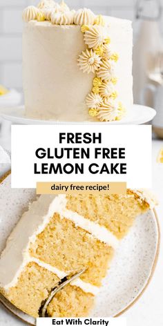 fresh gluten free lemon cake on a white plate with the text overlay