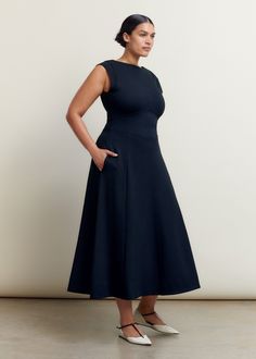 Travel Tailoring Boat Neck Midi Dress | ME+EM Elegant Fitted A-line Tea Length Dress, Classic Midi Dress With Fitted Bodice And A-line Silhouette, A-line Midi Dress With Fitted Waist, Classic Fitted Bodice A-line Midi Dress, Fitted Midi Dress With Pleated Bodice And A-line Silhouette, Pleated Bodice Fit And Flare A-line Midi Dress, Tailored A-line Dress For Semi-formal Occasions, Classic Fit And Flare A-line Dress, Fitted A-line Tea Length Dress With Pleated Bodice