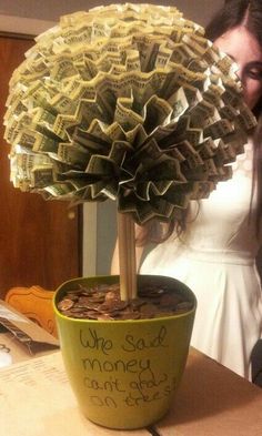 a woman standing next to a potted plant with money growing out of the top