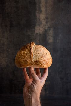 a hand holding a piece of bread in front of a dark background with the word,