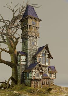 an old house on top of a hill next to a tree