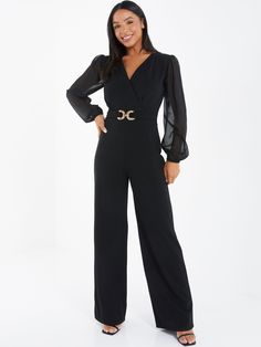 Make a statement in our Chiffon Palazzo Jumpsuit, featuring a flattering buckle waist detail and wide leg design. Model Is Wearing A Size 6 Runs Small, Please Size Up Long Mesh Sleeves Waist Belt With Elegant Gold Buckle Palazzo Jumpsuit, Formal Jumpsuit, Wrap Jumpsuit, Jumpsuit Online, Black Chiffon, Jumpsuit Party, Chiffon Material, Mesh Sleeves, Jumpsuit With Sleeves