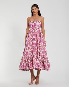 Floral Brocade Strapless A Line Midi Dress A Line Midi Dress, Maxi Dresses Fall, Brocade Dresses, Bride Groom Dress, Black Tie Wedding, Mac Duggal, Tea Length Dresses, Pink Midi Dress, Brocade Fabric