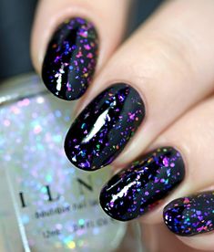 ILNP Looking Glass - Blue, Purple, Pink Color Shifting Iridescent Flakie Topper Black Iridescent Nails, Blk Nails, Purple Pink Color, Black Nail Art, Finger Nails, Purple Nail, Nail Stuff, Gel Nail Colors, Polish Colors